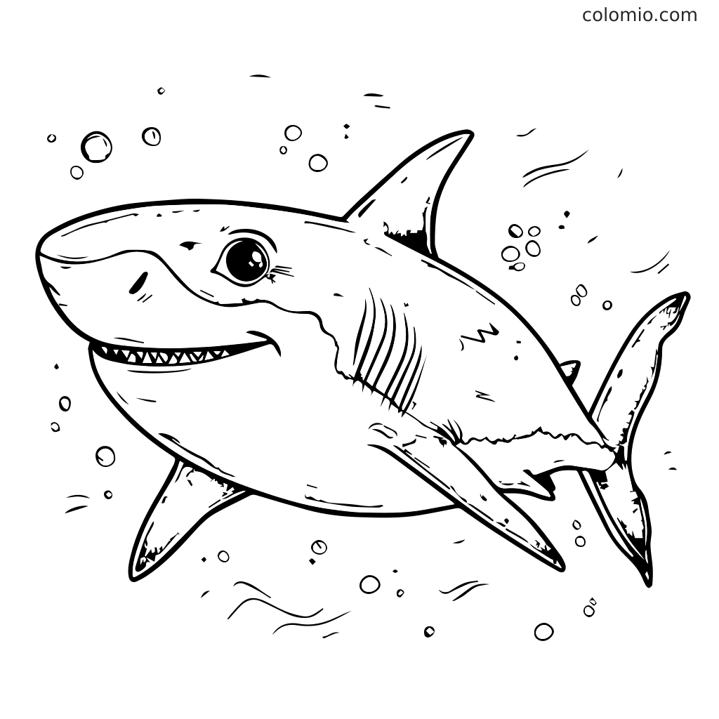 Ein cartoonartiger Hai, der unter Wasser mit Blasen schwimmt, perfekt zum Ausmalen.