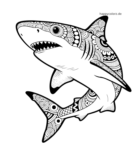 Ein Hai im detailreichen Zentangle-Stil mit dichten Kreis- und geometrischen Mustern, offenem Maul und sichtbaren spitzen Zähnen.