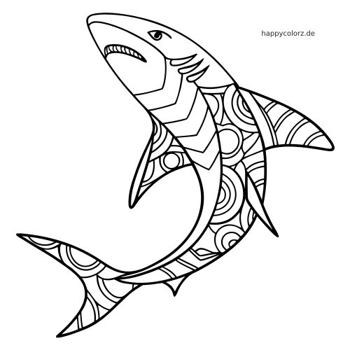 Ein Hai im einfachen Zentangle-Stil mit kräftigen Umrissen und geschwungenen Musterflächen auf Körper und Flossen.
