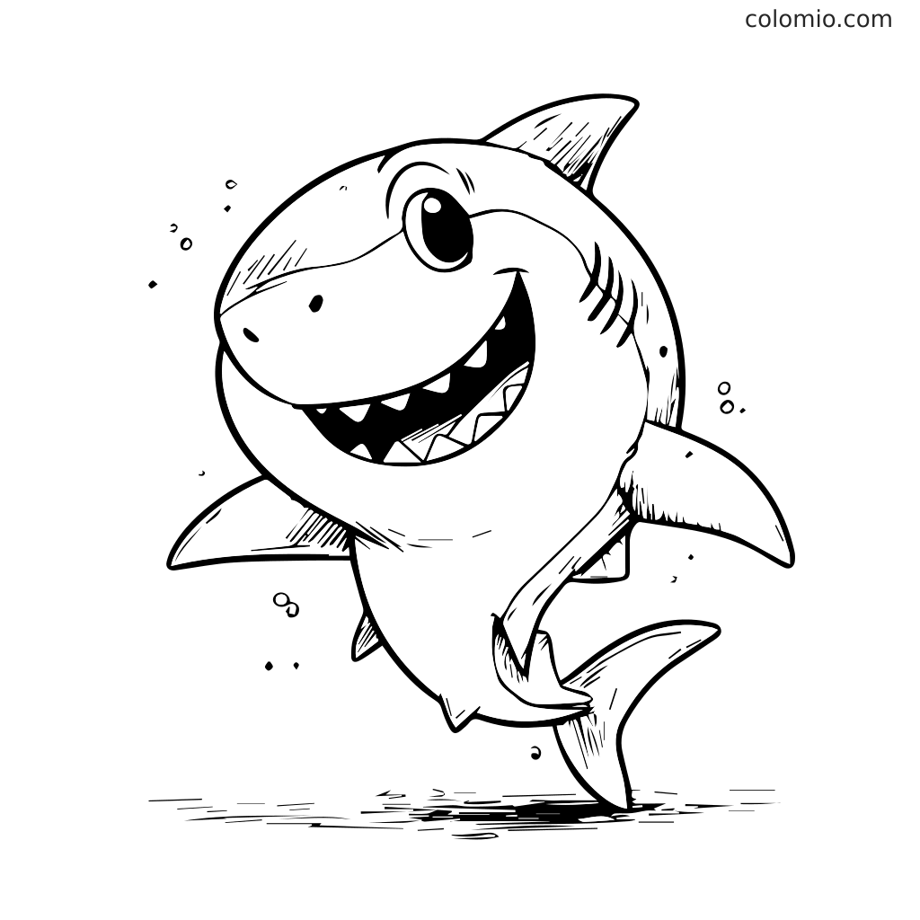 Ein fröhlicher Cartoon-Hai schwimmt mit einem großen Lächeln, perfekt zum Ausmalen für Kinder.