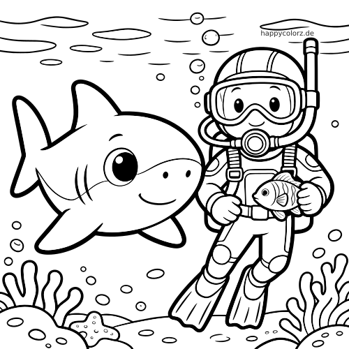 Ein lächelnder Hai schwimmt neben einem Taucher mit Tauchmaske, der einen Fisch hält, in einer Unterwasserszene mit Korallen und Blasen.