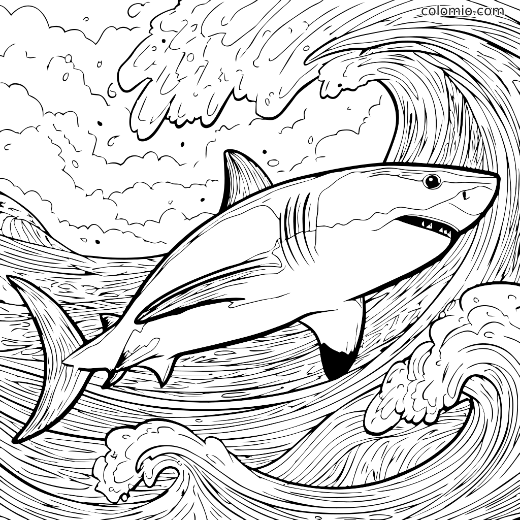 Eine Schwarz-Weiß-Malvorlage mit einem Hai, der durch Ozeanwellen schwimmt, perfekt für Kinder.