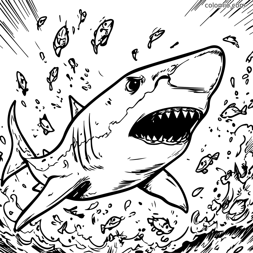 Ein gefährlicher Hai springt aus dem Ozean, umgeben von schwimmenden Fischen, bereit zum Ausmalen.