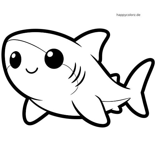 Ein Kawaii-Hai im einfachen Cartoonstil mit großen runden Augen, lächelndem Gesicht und dicken schwarzen Umrissen.