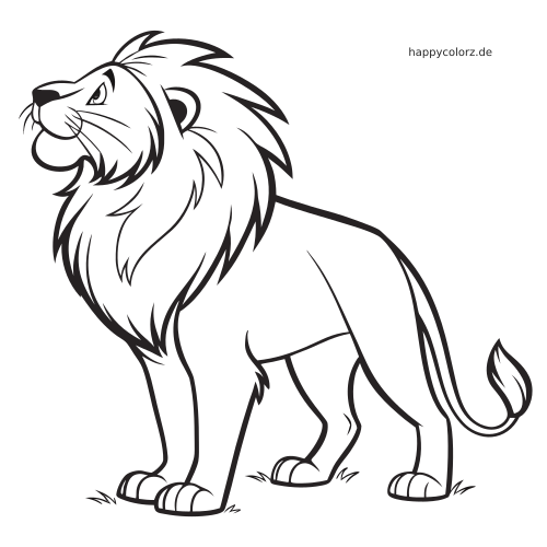 Ein Löwe im Cartoon-Stil mit großer Mähne steht aufrecht und blickt nach oben, dargestellt mit kräftigen schwarzen Umrissen.