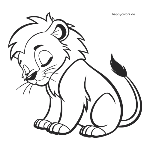 Ein kleiner Löwe im Comicstil sitzt mit geschlossenen Augen da, mit flauschiger Mähne und gebogenem Schwanz als schwarze Umrisszeichnung.