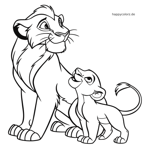 Ein Löwenvater sitzt neben einem Löwenjungen, beide blicken nach oben in einer klaren schwarz-weißen Umrisszeichnung.