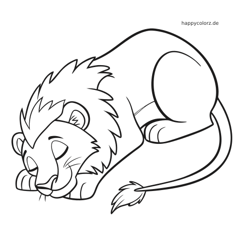 Ein schlafender Löwe liegt zusammengerollt da, mit geschlossenen Augen, großer Mähne und um den Körper gelegtem Schwanz.