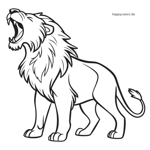 Detailreiche Linienzeichnung eines brüllenden männlichen Löwen in Seitenansicht mit großer Mähne, offenem Maul und kräftigen Konturen.