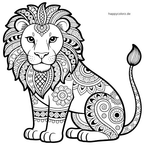 Frontal sitzender Löwe mit großer verzierter Mähne und detailreichen Zentangle-Mustern auf Körper, Beinen und Schwanz.