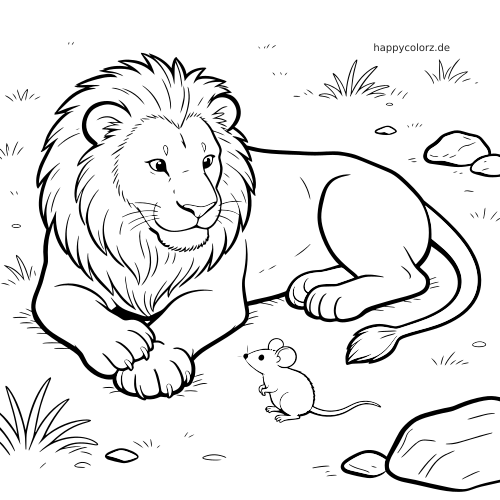 Ein detailreicher Löwe liegt am Boden und schaut zu einer kleinen Maus; um sie herum sind Grasbüschel und Steine zu sehen.
