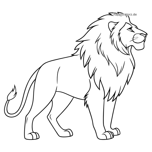Einfache Linienzeichnung eines männlichen Löwen mit voller Mähne, der im Seitenprofil nach rechts steht.
