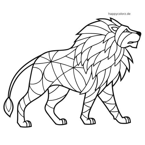 Löwe in Seitenansicht mit großer, geschichteter Mähne und einfachen geometrischen Zentangle-Mustern auf Körper und Beinen.