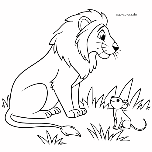Ein einfacher gezeichneter Löwe sitzt im Gras und blickt zu einer kleinen Maus in einer klaren Schwarz-Weiß-Fabelszene.
