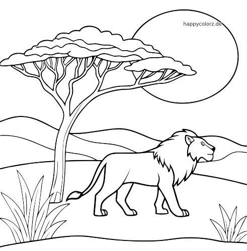 Ein einfacher Löwe steht in der Savanne neben einer Akazie, dahinter sind ein großer Sonnenuntergang und sanfte Hügel zu sehen.