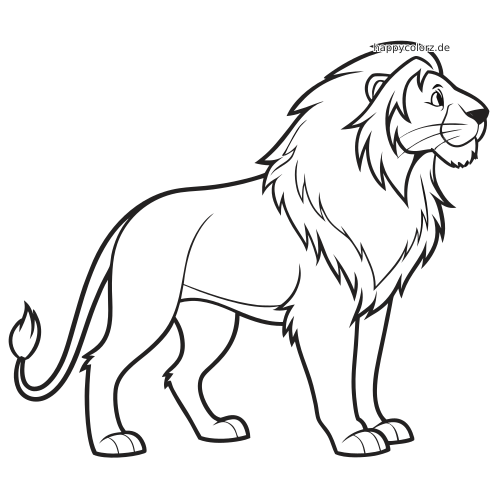 Ein einfacher Löwe in Seitenansicht mit großer Mähne steht als klare Linienzeichnung für ein leichtes Ausmalbild nach Zahlen da.