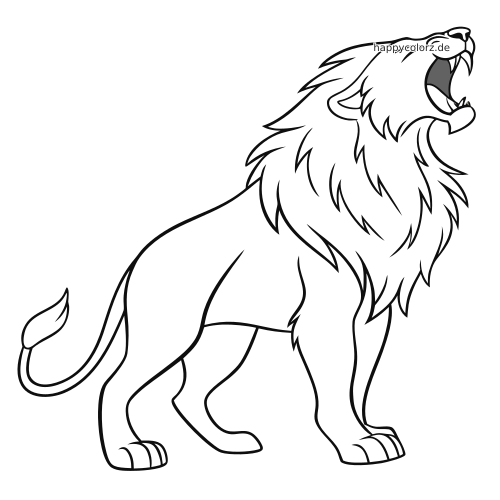 Einfache Linienzeichnung eines brüllenden Löwen in Seitenansicht, stehend mit großer Mähne und weit geöffnetem Maul.