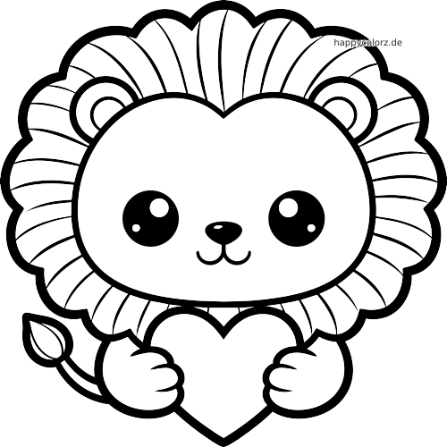 Ein Kawaii-Löwe mit großer Mähne hält ein großes Herz, gezeichnet als einfache schwarz-weiße Cartoon-Illustration.