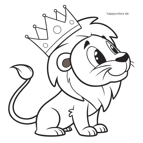 Ein Kawaii-Löwe mit Krone ist in Seitenansicht zu sehen, sitzend mit langer gebogener Schwanzspitze und flauschiger Mähne.