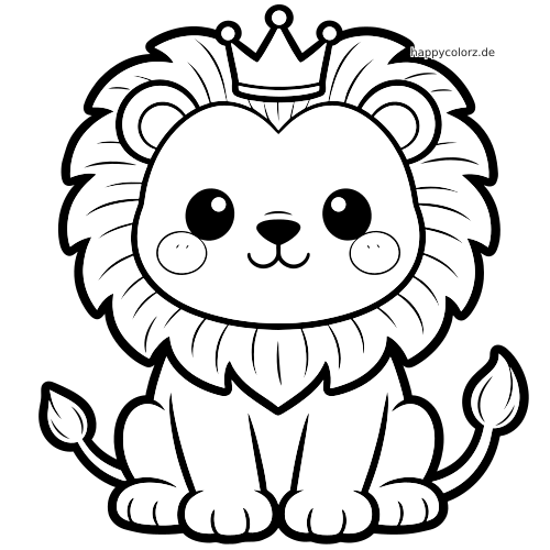 Ein frontaler Kawaii-Löwe sitzt mit Krone auf dem Kopf, großer Mähne, runden Augen und einfachen Cartoon-Konturen.
