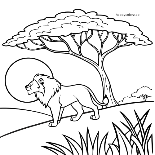 Ein Löwe im Linienstil läuft in der Savanne unter einem großen Akazienbaum, mit tief stehender Sonne und hohem Gras im Vordergrund.