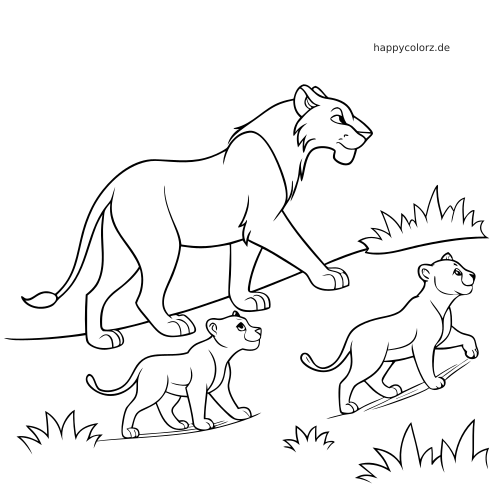 Eine Löwin läuft mit zwei Löwenjungen auf einem grasigen Weg in einer einfachen schwarz-weißen Linienzeichnung.