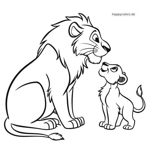 Eine Nahaufnahme als Linienzeichnung zeigt einen sitzenden erwachsenen Löwen neben einem Löwenjungen, das zu ihm aufblickt.