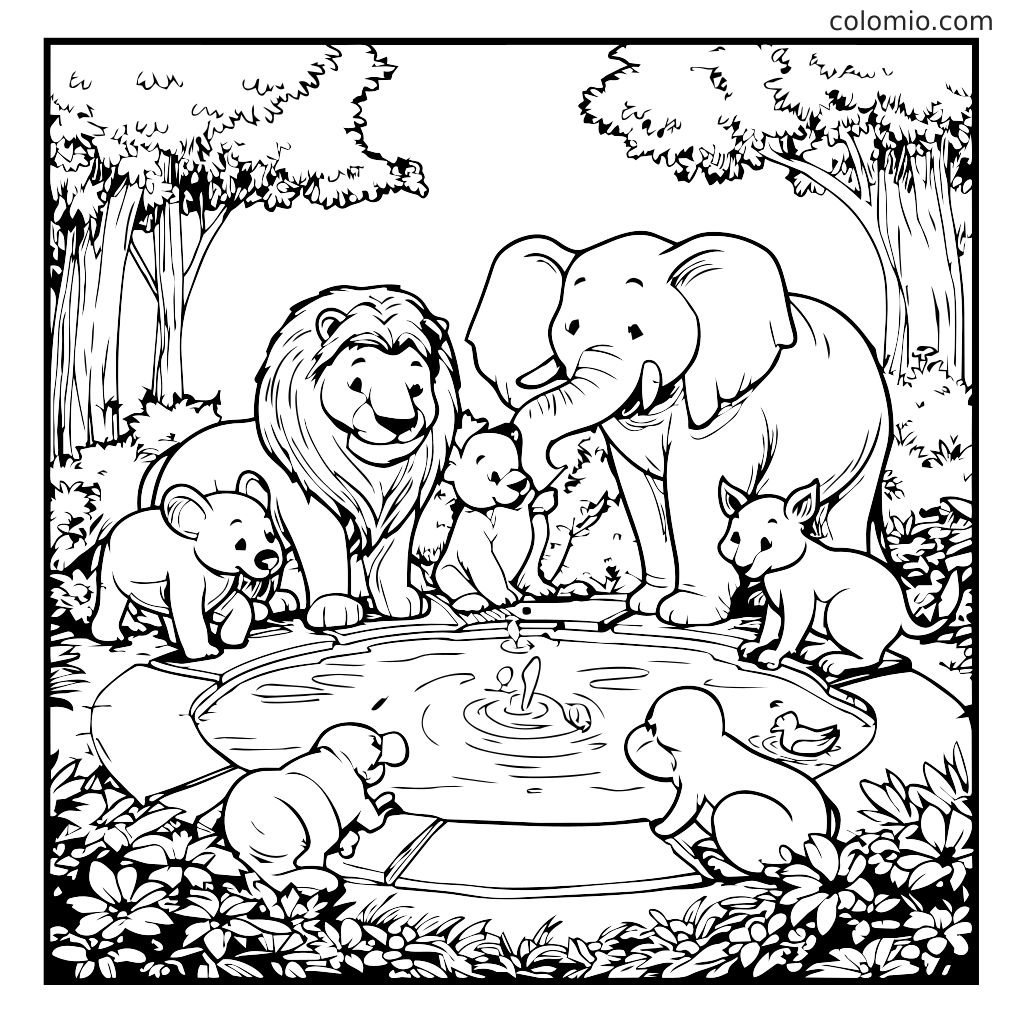 Eine Vielzahl von Tieren, darunter ein Löwe, ein Elefant und ein Bär, versammelt sich um einen Teich, ideal zum Ausmalen.