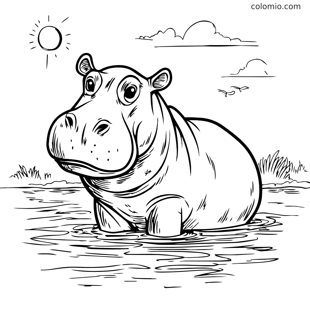 Ein süßes Nilpferd steht im Wasser unter einem sonnigen Himmel mit Wolken, bereit zum Ausmalen.