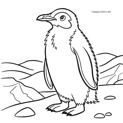 Ein Baby-Pinguin steht allein im Schnee, mit einfachen Bergformen und einigen Steinen im Hintergrund als schwarze Umrisszeichnung.