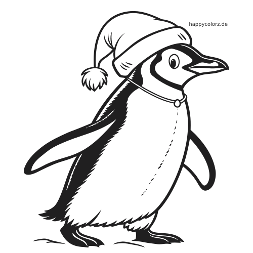 Ein detailreicher Pinguin mit Weihnachtsmütze und Halsband, mit ausgebreiteten Flossen und klaren schwarzen Umrisslinien.