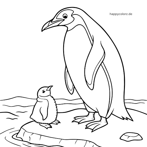 Einfache Linienzeichnung eines Kaiserpinguins, der neben seinem Küken auf einer Eisfläche mit Wasser und Steinen steht.