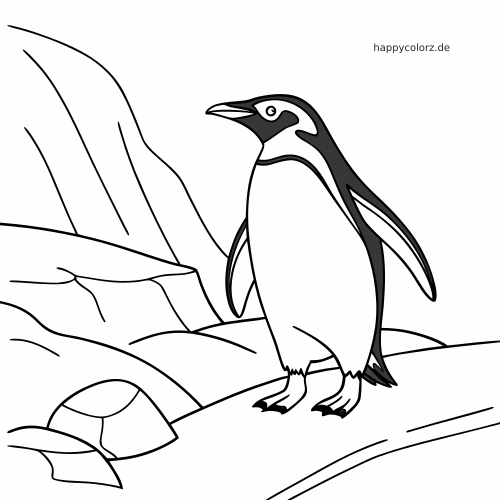 Einfache Strichzeichnung eines Eselspinguins, der auf felsigem Boden steht, mit Eisberg oder Felswand im Hintergrund.