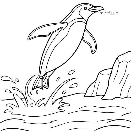 Ein Pinguin in einfacher Linienzeichnung springt mit ausgebreiteten Flügeln neben einem Felsen ins Wasser, mit Spritzern darunter.