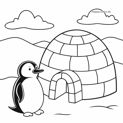 Ein einfacher gezeichneter Pinguin steht im Schnee neben einem großen Iglu, mit Hügeln und Wolken im Hintergrund.