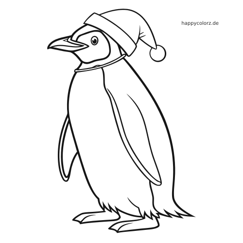 Ein einfach gezeichneter, stehender Pinguin mit Weihnachtsmütze und Halsband in klaren schwarzen Umrisslinien.