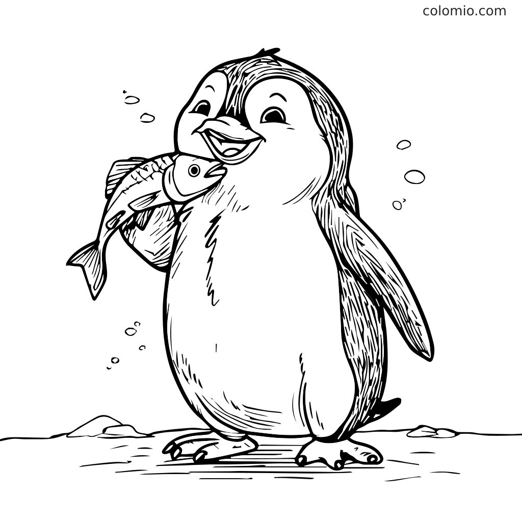 Ein fröhlicher Pinguin, der einen Fisch im Schnabel hält, umgeben von Blasen. Perfekt zum Ausmalen für Kinder.
