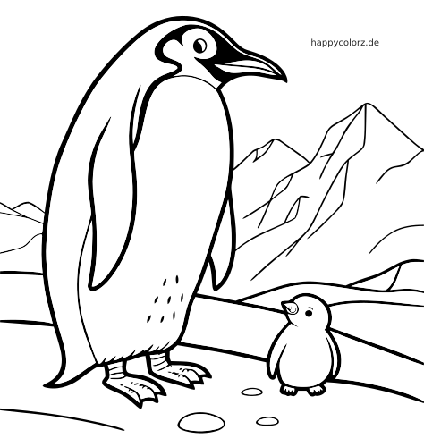 Schwarz-weiße Linienzeichnung eines Kaiserpinguins mit kleinem Küken auf schneebedecktem Boden vor hohen Bergen.