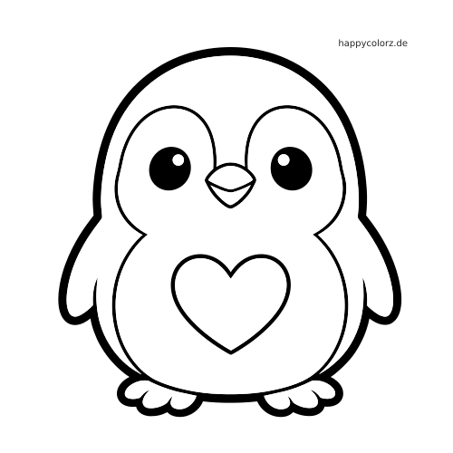 Ein Kawaii-Pinguin mit großen Augen und einem Herz auf dem Bauch, gezeichnet als einfache schwarz-weiße Cartoonfigur.