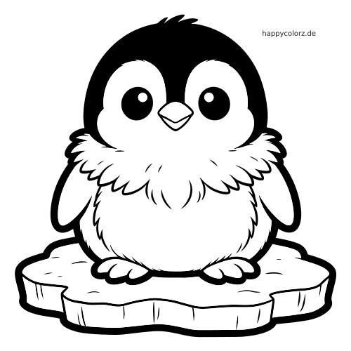 Ein Kawaii-Pinguinküken mit flauschigem Gefieder und großen runden Augen steht auf einer Eisscholle in einfachen schwarzen Umrissen.