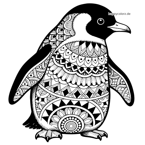 Schwarz-weißer Pinguin in aufrechter Haltung, gefüllt mit komplexen Zentangle-Mustern und dekorativen Formen.
