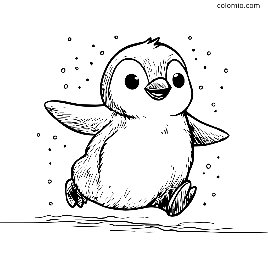Ein fröhlicher Pinguin, der glücklich auf dem Eis watschelt, umgeben von Schneeflocken.