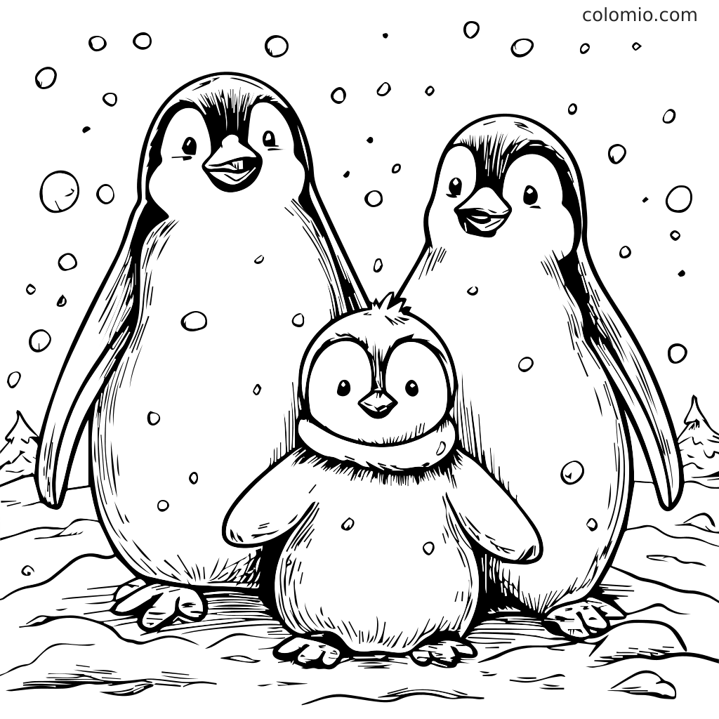 Niedliche Pinguinfamilie Ausmalbild für Kinder Eine Familie von drei Pinguinen, die im Schnee zusammenstehen, perfekt zum Ausmalen.