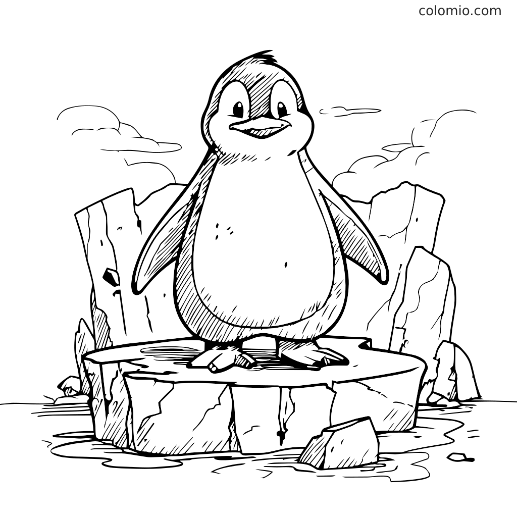 Ein fröhlicher Pinguin steht auf einem Eisberg, umgeben von Wasser und Steinen, bereit zum Ausmalen.