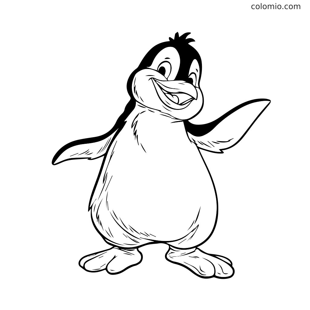 Ein fröhlicher Cartoon-Pinguin mit großem Lächeln und ausgestreckten Flügeln, perfekt zum Ausmalen.