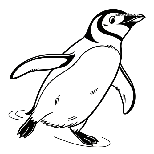 Ein Pinguin in einfacher schwarz-weißer Linienzeichnung, der mit ausgestreckten Flossen auf dem Bauch nach vorn rutscht.