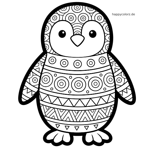 Ein frontal gezeichneter Pinguin mit großen Augen und symmetrischen Zentangle-Mustern aus Kreisen, Linien und Dreiecken.