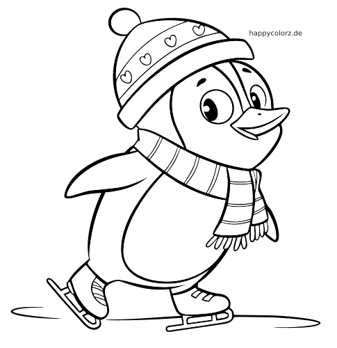 Ein Pinguin mit Herzmütze, Schal und Schlittschuhen gleitet über das Eis und lächelt dabei freundlich.