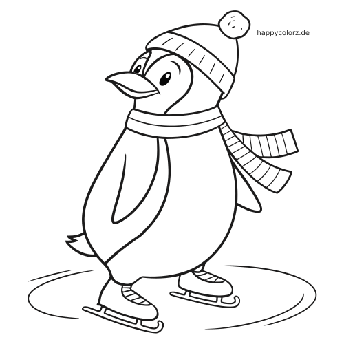 Ein einfacher Pinguin mit Wintermütze, gestreiftem Schal und Schlittschuhen steht auf einer Eisfläche.