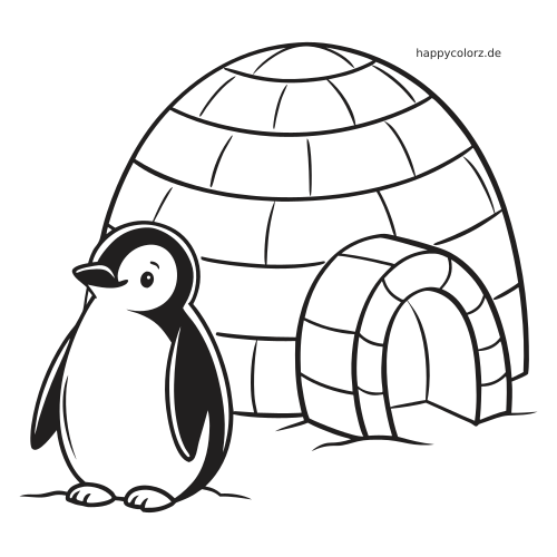 Ein Pinguin mit einfachen, kräftigen Umrissen steht im Schnee vor einem großen Iglu.
